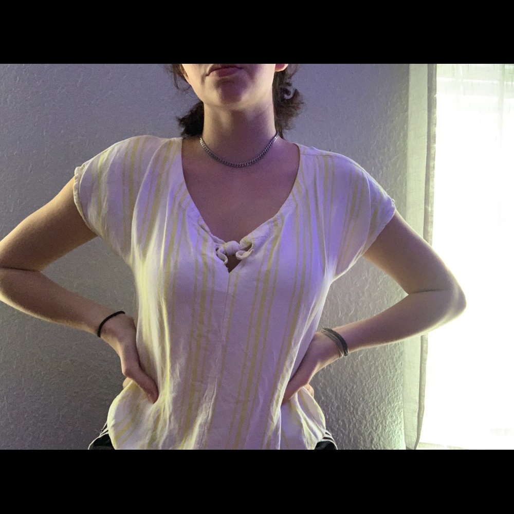 white and yellow striped blouse